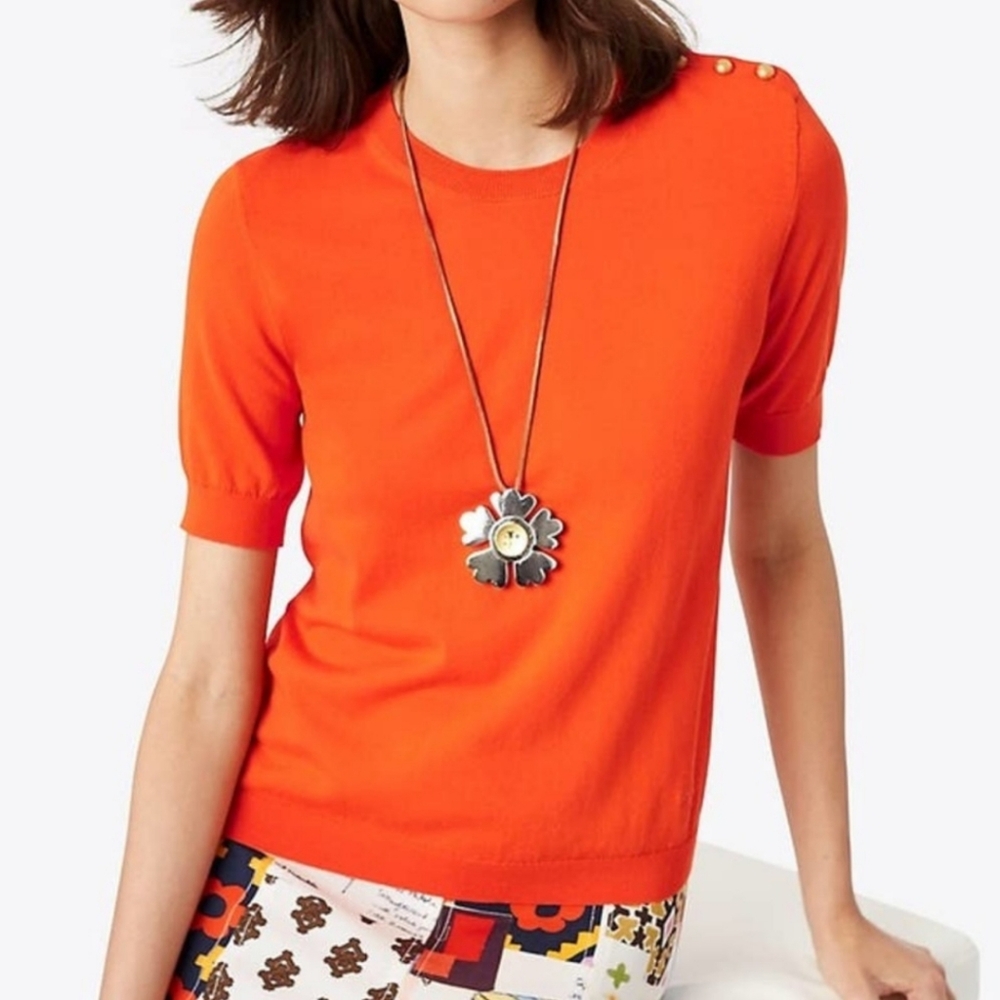 Tory Burch Preston short-sleeves sweater gold buttons in orange women's small